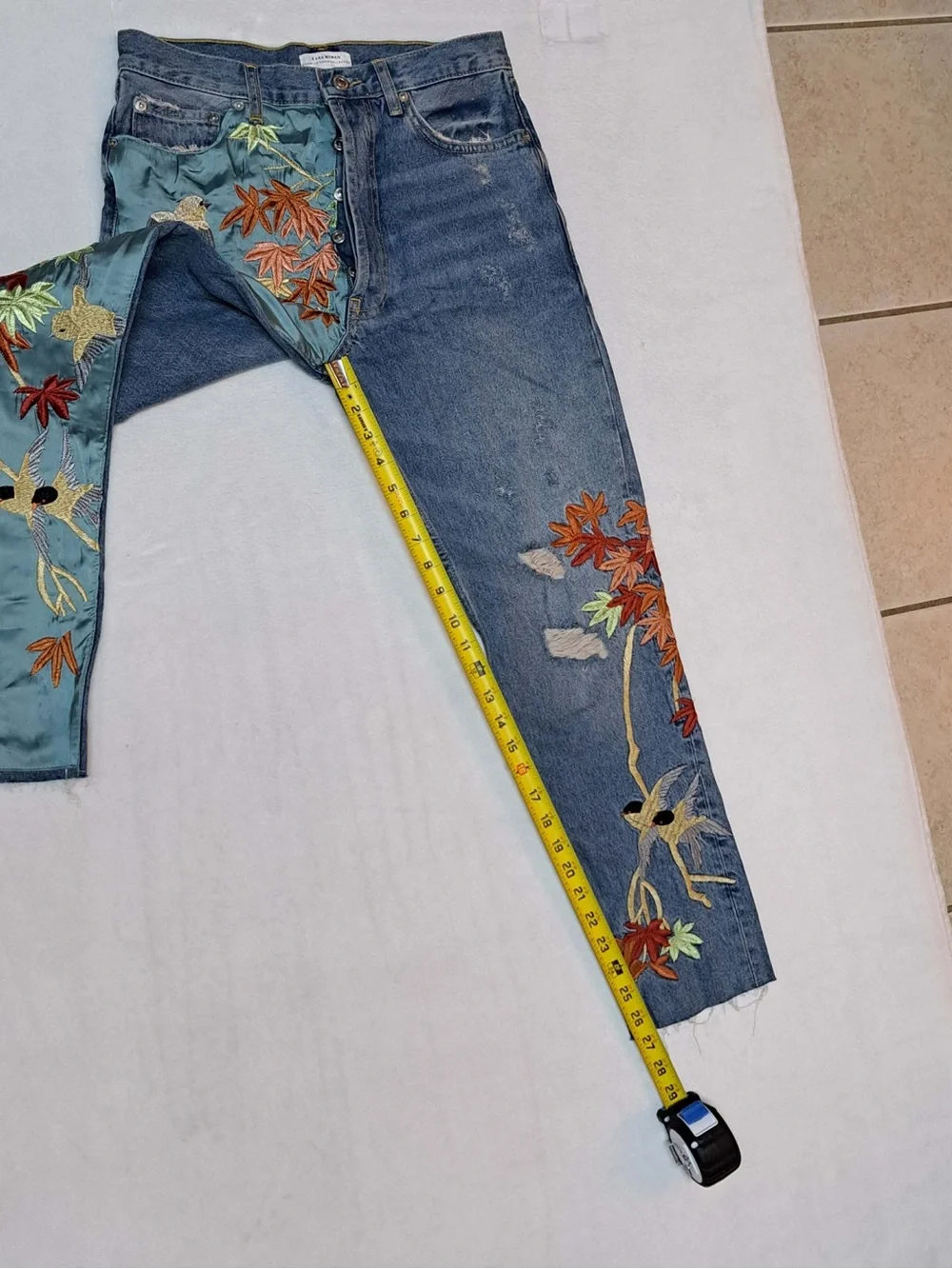 Zara Premium High-waist Cropped Denim and Satin Embroidery Panel Jeans